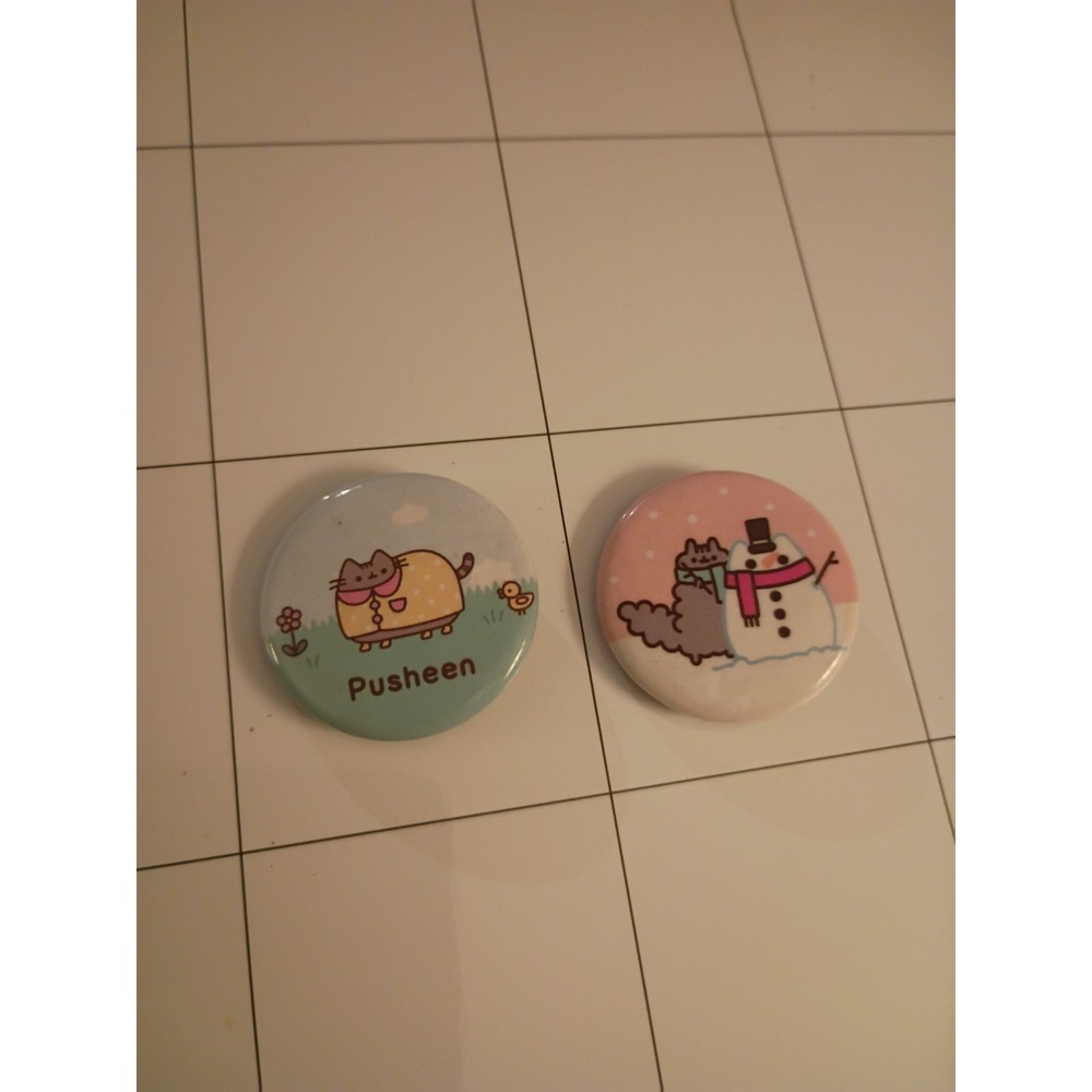 Pusheen the Cat Pinback Button Set Snowman and Raincoat Designs 2 Piece Lot